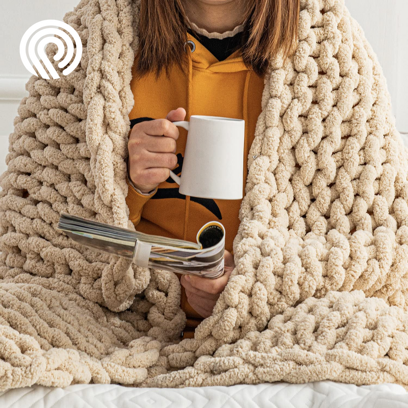 Chunky Knit Blanket Throw - 50"X60" 3.7 Lbs. - Soft Chenille Yarn Knitted Blanket - Machine Washable Crochet Blanket - Handmade Cable Knit Throw Blanket for Couch, Bed (Oat White)