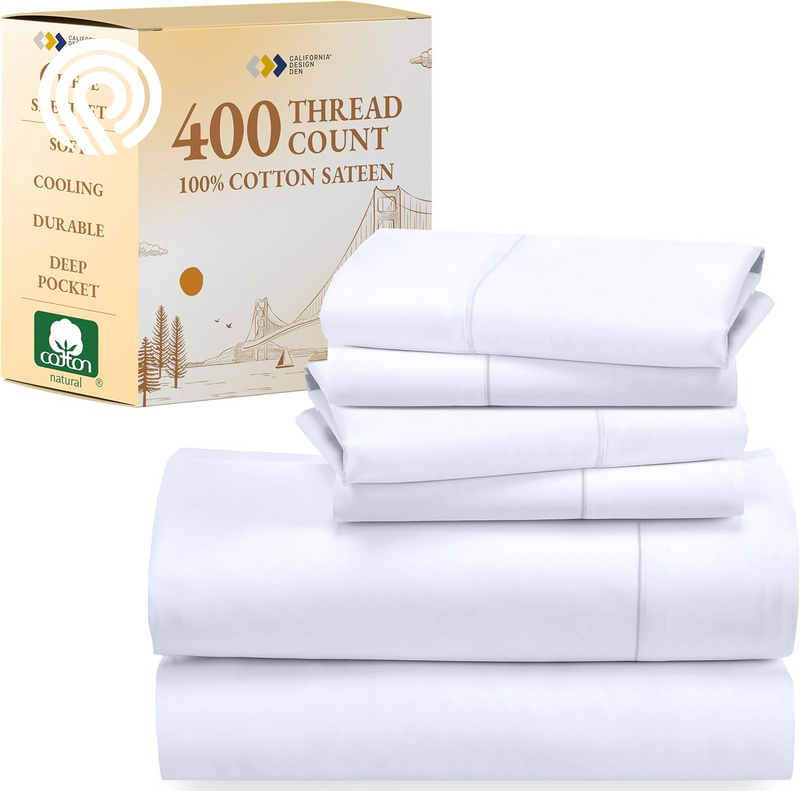 California Design Den Deep Pocket Twin Sheets Set - 400 Thread Count Sateen, Natural 100% Cotton Sheets, Cooling and Durable Bedding Set - Cape Stripe