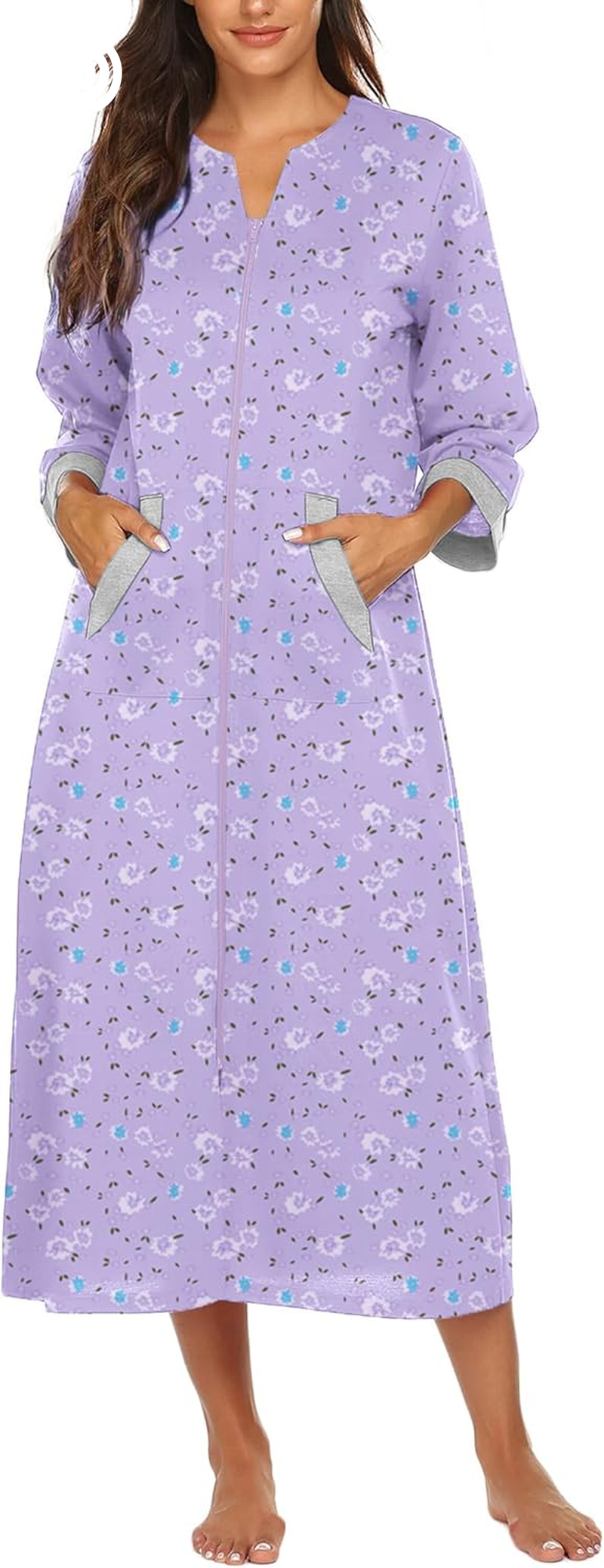 Ekouaer Women Zipper Robe 3/4 Sleeves Loungewear Dress Full Length Sleepwear Pockets Housecoat Nightgown Long Bathrobe