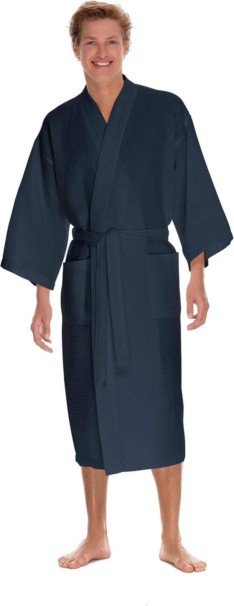Men'S Waffle Robe by BOCA TERRY, Waffle Knit Spa Robe, Long Lightweight Cotton Kimono Hotel Bathrobe