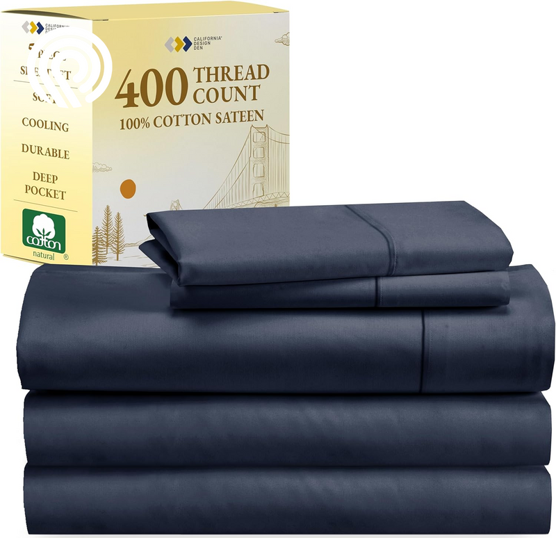 California Design Den Deep Pocket Twin Sheets Set - 400 Thread Count Sateen, Natural 100% Cotton Sheets, Cooling and Durable Bedding Set - Cape Stripe
