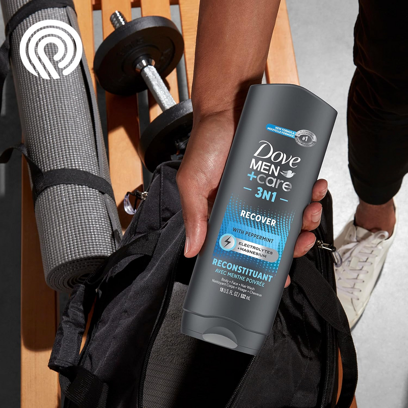 Dove Men+Care Post-Workout 3-IN-1 (Body + Face + Hair Wash) with Peppermint 4 Count Infused with Electrolytes + Magnesium 18 Oz