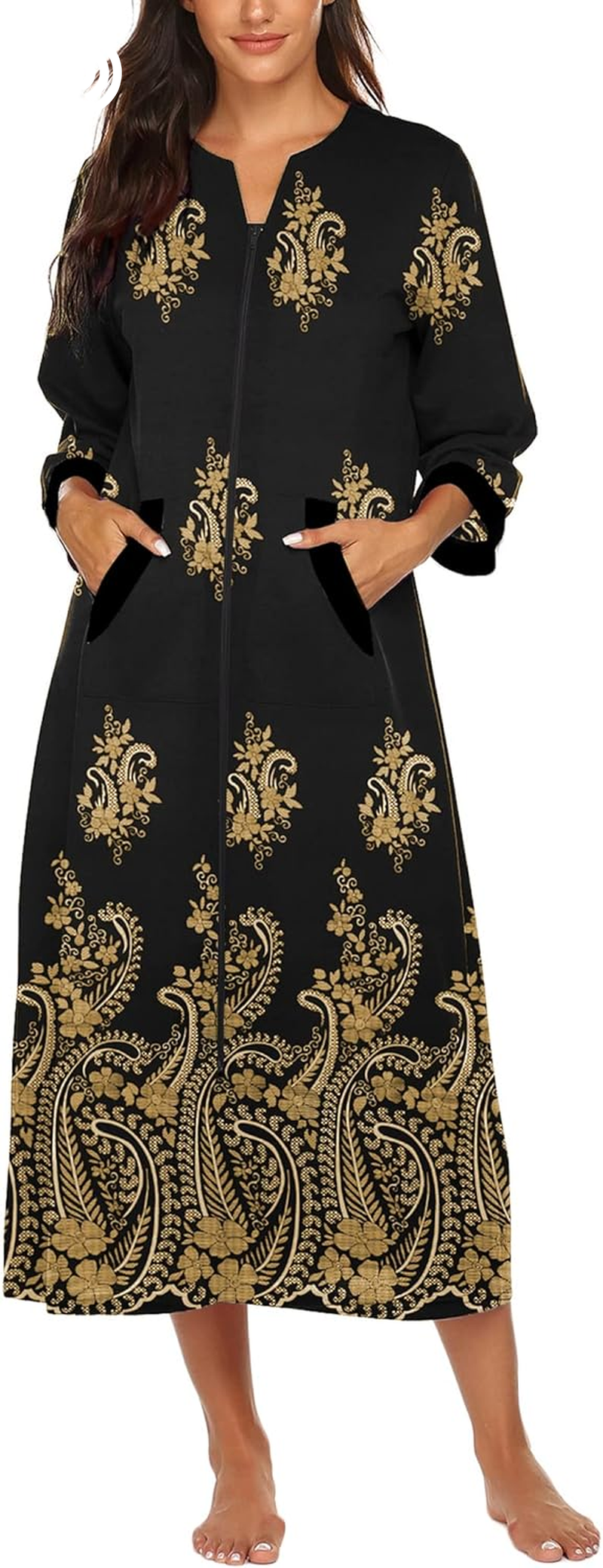 Ekouaer Women Zipper Robe 3/4 Sleeves Loungewear Dress Full Length Sleepwear Pockets Housecoat Nightgown Long Bathrobe