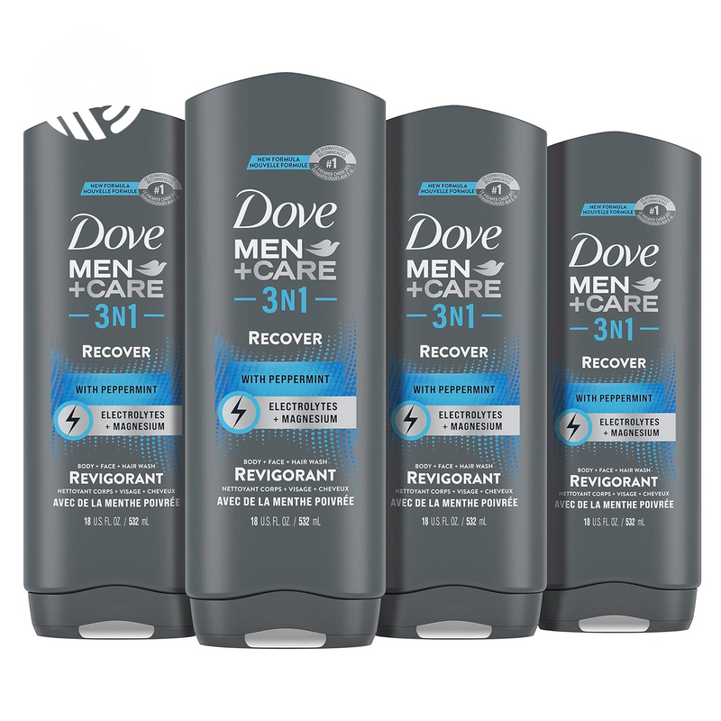 Dove Men+Care Post-Workout 3-IN-1 (Body + Face + Hair Wash) with Peppermint 4 Count Infused with Electrolytes + Magnesium 18 Oz