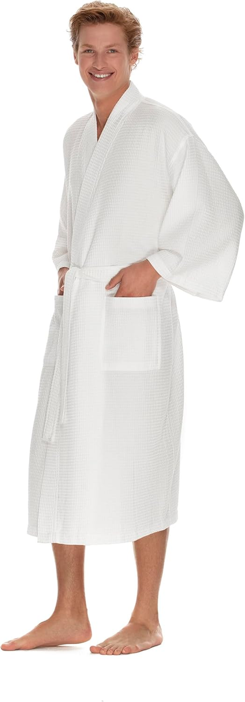 Men'S Waffle Robe by BOCA TERRY, Waffle Knit Spa Robe, Long Lightweight Cotton Kimono Hotel Bathrobe