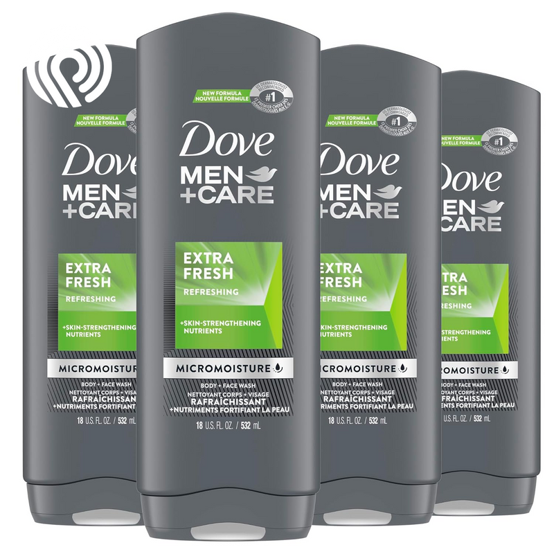 Dove Men+Care Post-Workout 3-IN-1 (Body + Face + Hair Wash) with Peppermint 4 Count Infused with Electrolytes + Magnesium 18 Oz
