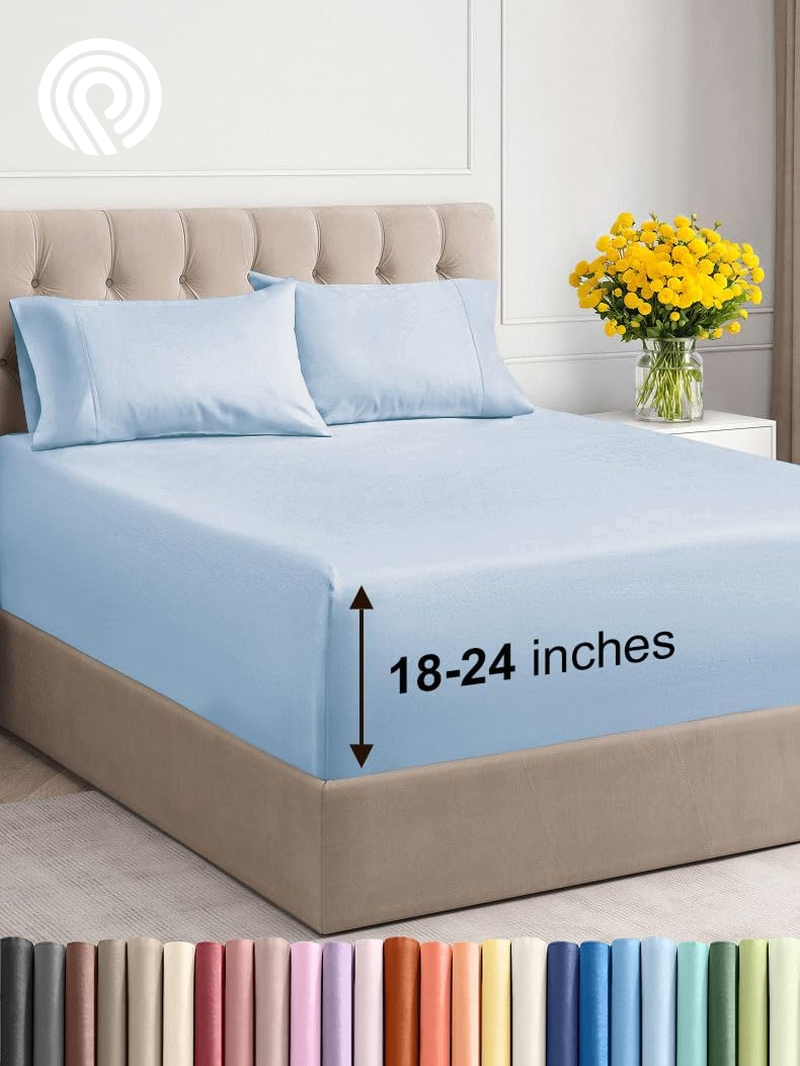 Extra Deep Twin Sheet Set - 4 Piece Breathable & Cooling Sheets - Hotel Luxury Bedding Set with 18-24 Inch Extra Deep Pockets - Easy Fit - Super Soft, Wrinkle Free and Comfy - Light Blue, Twin Size