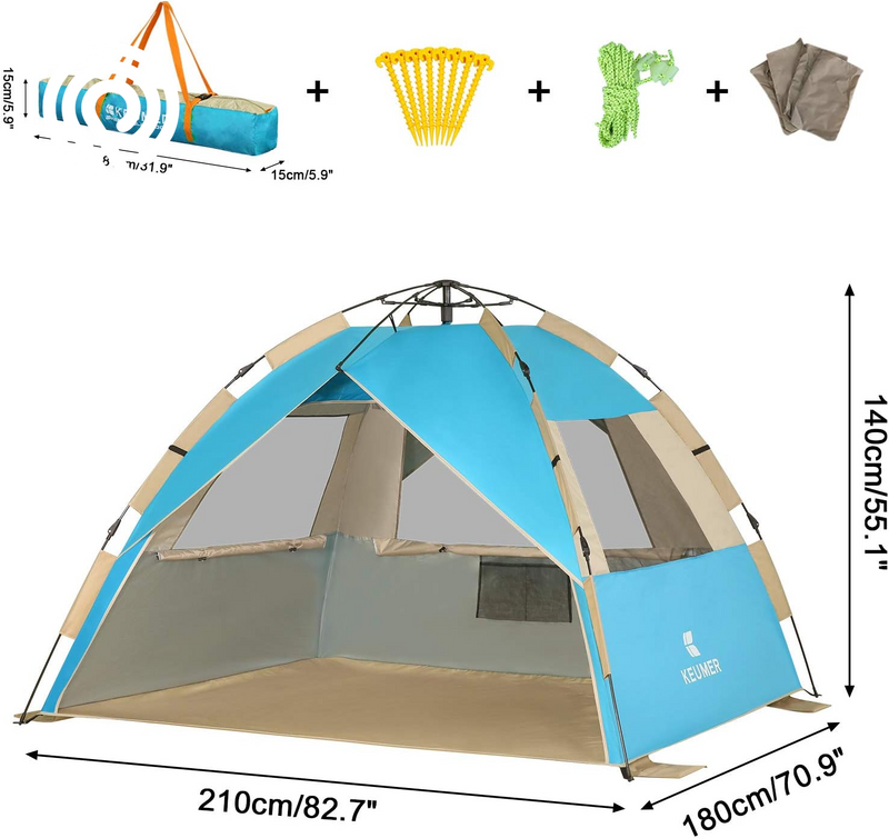 G4Free Deluxe XL Pop up Beach Tent, 3-4 Persons Easy Setup Sun Shelter Canopy with UPF 50+ UV Protection Extral Wide 70.9 In