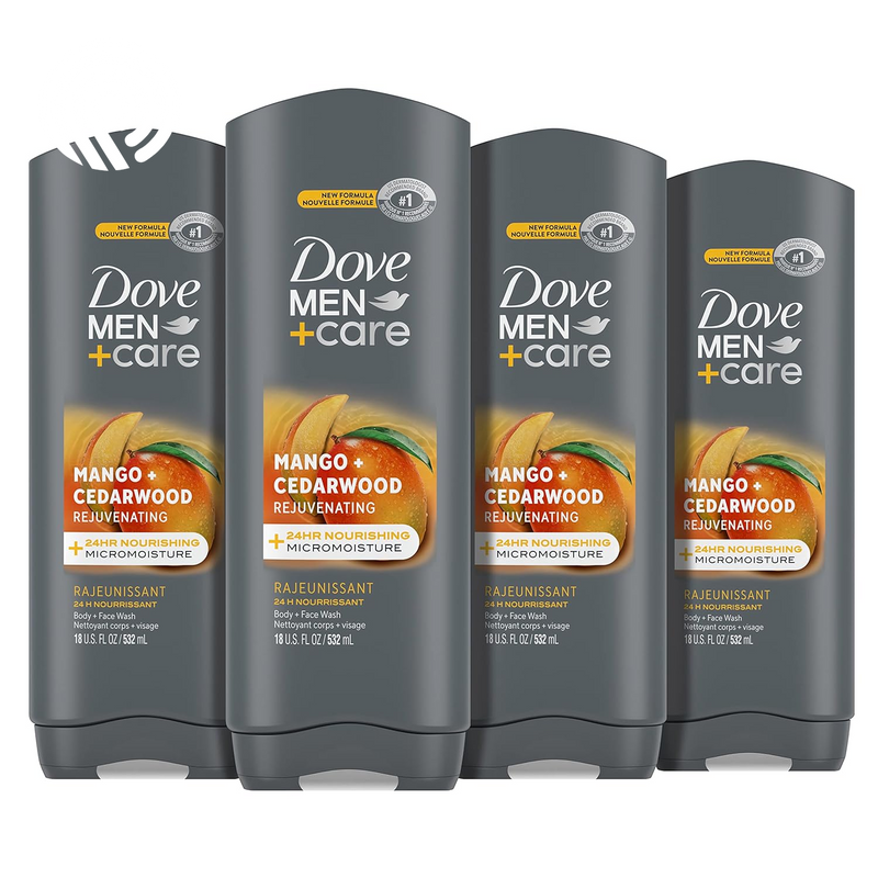 Dove Men+Care Post-Workout 3-IN-1 (Body + Face + Hair Wash) with Peppermint 4 Count Infused with Electrolytes + Magnesium 18 Oz