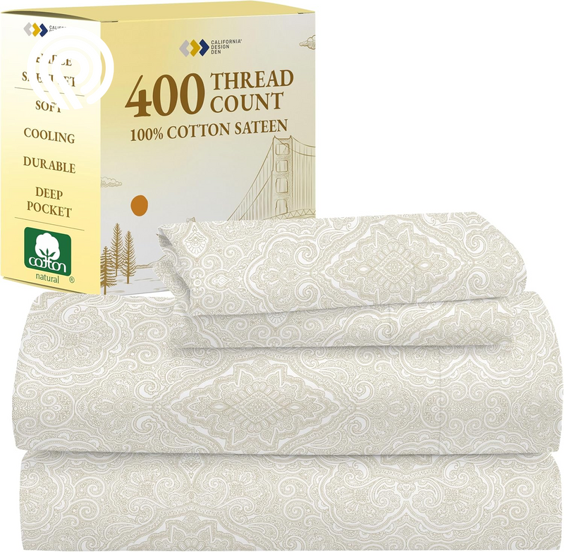 California Design Den Deep Pocket Twin Sheets Set - 400 Thread Count Sateen, Natural 100% Cotton Sheets, Cooling and Durable Bedding Set - Cape Stripe