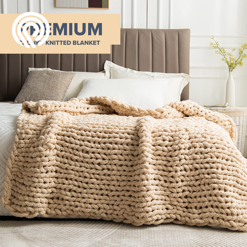 Chunky Knit Blanket Throw - 50"X60" 3.7 Lbs. - Soft Chenille Yarn Knitted Blanket - Machine Washable Crochet Blanket - Handmade Cable Knit Throw Blanket for Couch, Bed (Oat White)