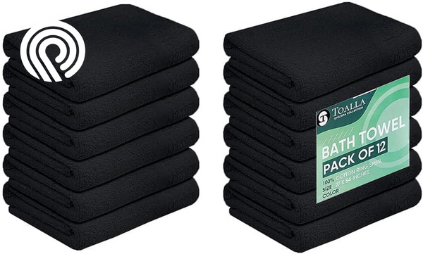 TOALLA_ Bath Towels_27X54_Pk 12_Black Bath Towels (12-Pack, 27W X 54 L Inches) Black Color- Cotton Towel for Gym, Bath, Spa, Shaving, Shampoo, for Daily Use, Large