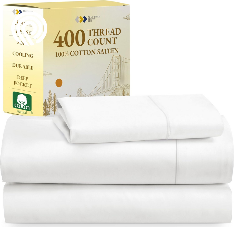 California Design Den Deep Pocket Twin Sheets Set - 400 Thread Count Sateen, Natural 100% Cotton Sheets, Cooling and Durable Bedding Set - Cape Stripe