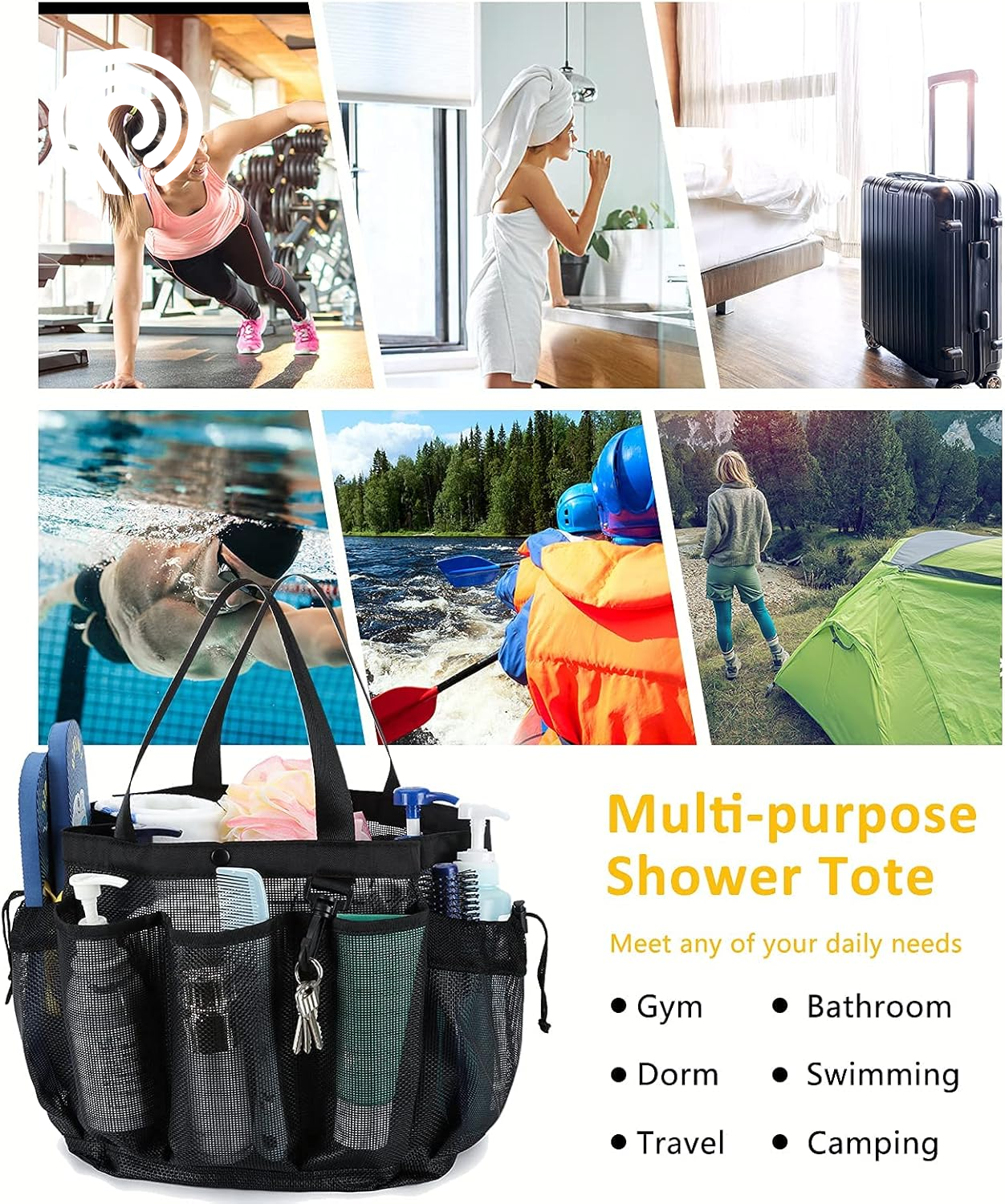 Moyad Large Mesh Shower Caddy Portable Travel Shower Caddy College Dorm Shower Basket Hanging Shower Organizer Beach Bag Tote Bag Bathroom Organizer Storage Basket Camping Shower Accessories, Black
