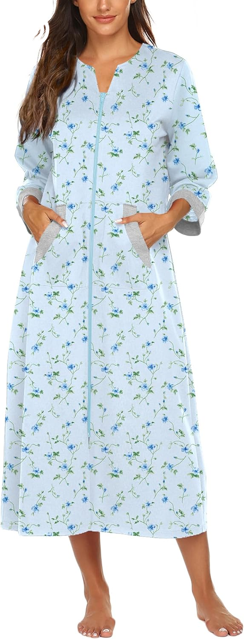 Ekouaer Women Zipper Robe 3/4 Sleeves Loungewear Dress Full Length Sleepwear Pockets Housecoat Nightgown Long Bathrobe