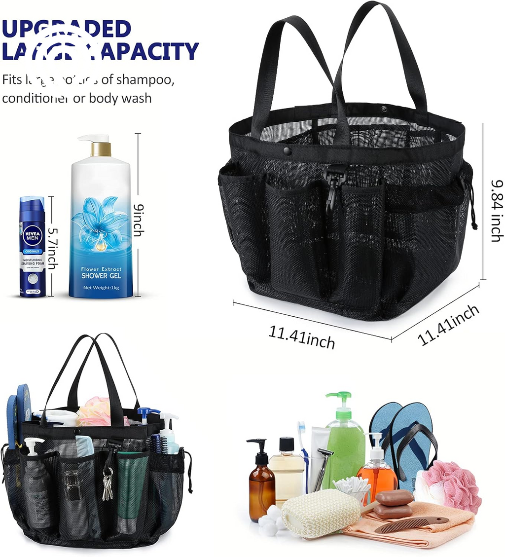 Moyad Large Mesh Shower Caddy Portable Travel Shower Caddy College Dorm Shower Basket Hanging Shower Organizer Beach Bag Tote Bag Bathroom Organizer Storage Basket Camping Shower Accessories, Black