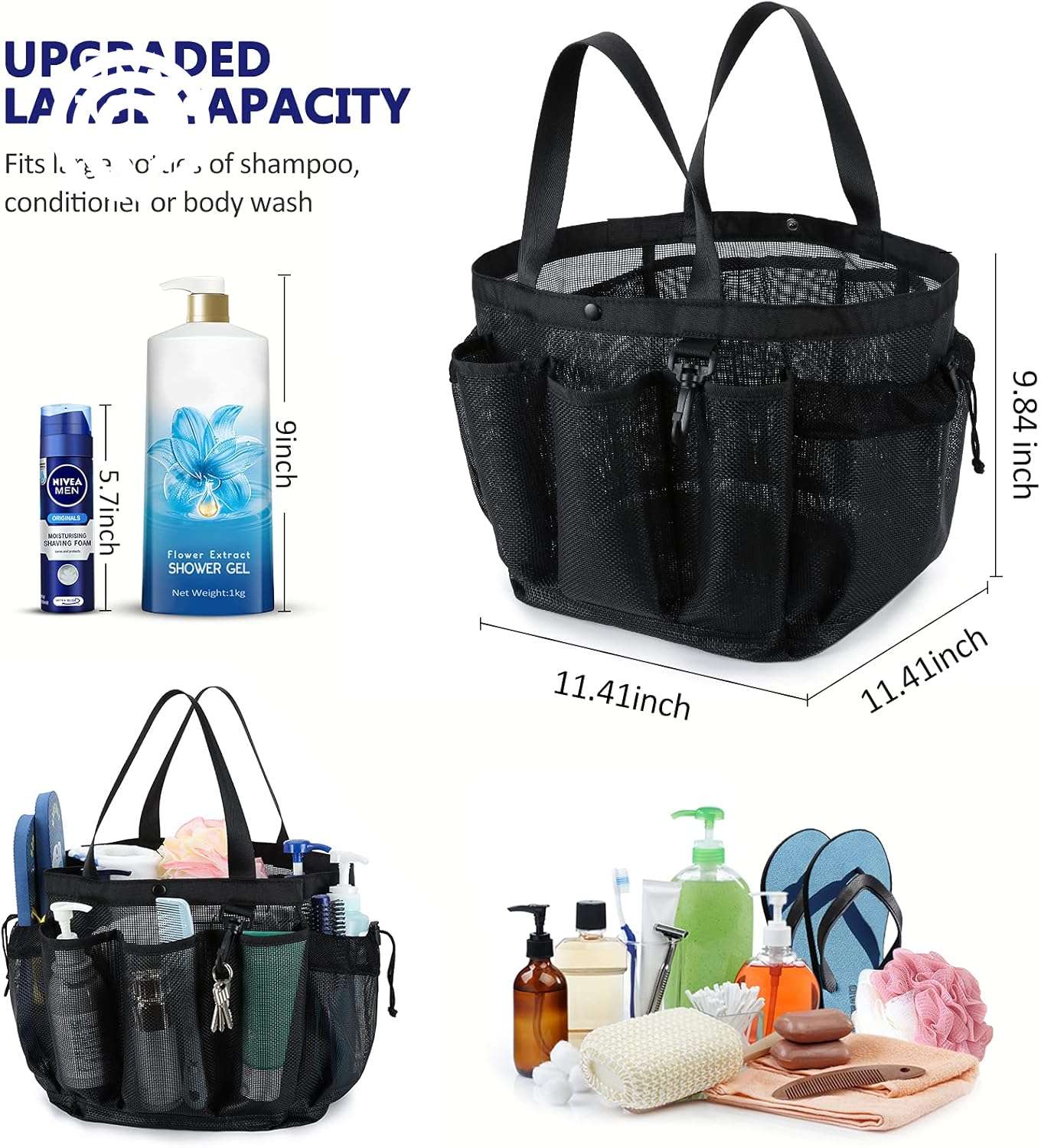 Moyad Large Mesh Shower Caddy Portable Travel Shower Caddy College Dorm Shower Basket Hanging Shower Organizer Beach Bag Tote Bag Bathroom Organizer Storage Basket Camping Shower Accessories, Black