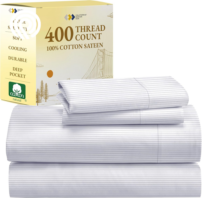 California Design Den Deep Pocket Twin Sheets Set - 400 Thread Count Sateen, Natural 100% Cotton Sheets, Cooling and Durable Bedding Set - Cape Stripe