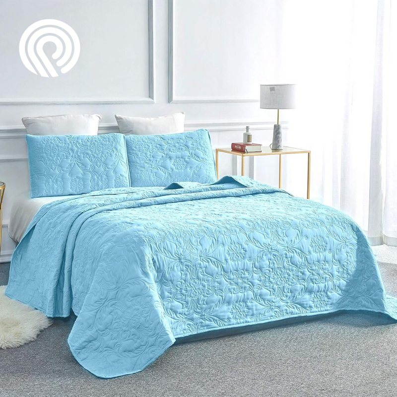 Sophia and William 2 Pieces Quilt Set Twin Size with 1 Quilt and 1 Pillow Sham, Reversible Microfiber Bedding Bedspread Coverlet Set, Cozy, Lightweight and Hypoallergenic, Light Blue