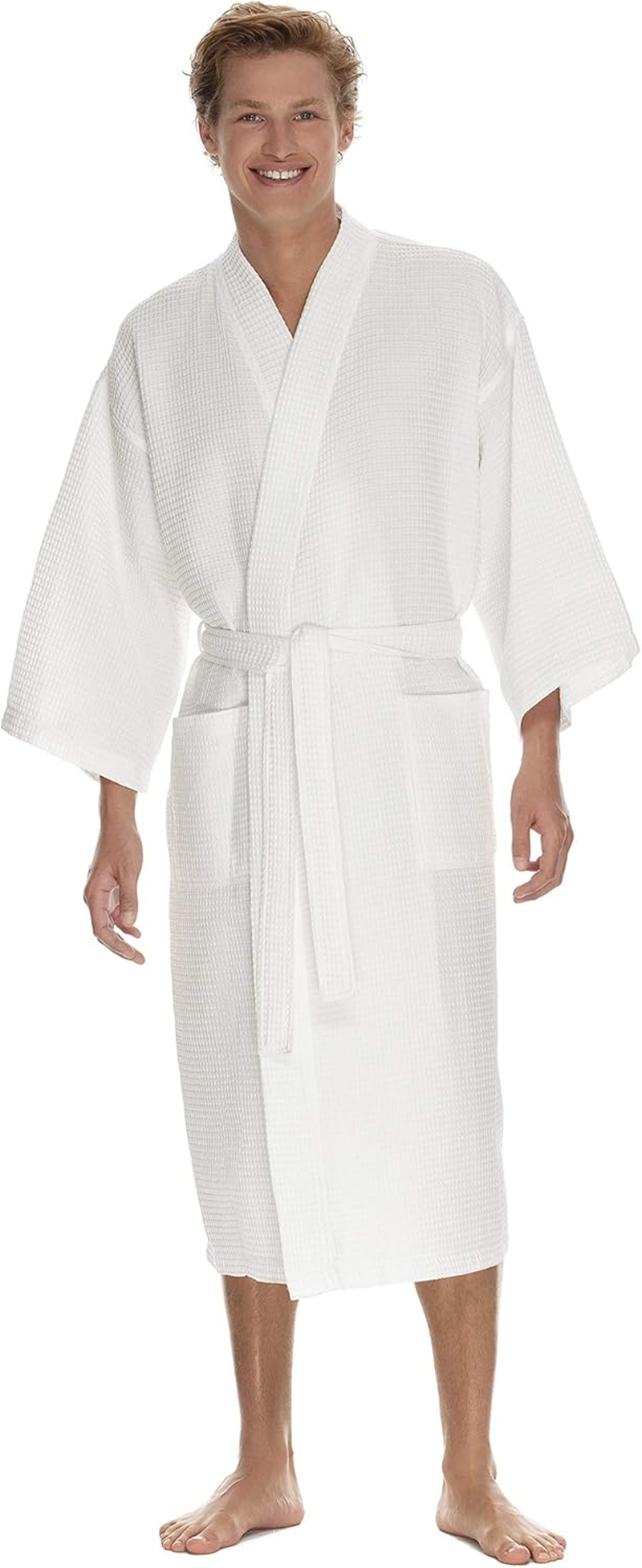 Men'S Waffle Robe by BOCA TERRY, Waffle Knit Spa Robe, Long Lightweight Cotton Kimono Hotel Bathrobe