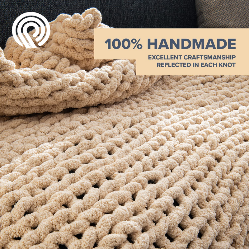 Chunky Knit Blanket Throw - 50"X60" 3.7 Lbs. - Soft Chenille Yarn Knitted Blanket - Machine Washable Crochet Blanket - Handmade Cable Knit Throw Blanket for Couch, Bed (Oat White)