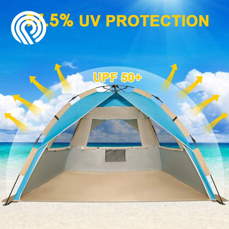 G4Free Deluxe XL Pop up Beach Tent, 3-4 Persons Easy Setup Sun Shelter Canopy with UPF 50+ UV Protection Extral Wide 70.9 In