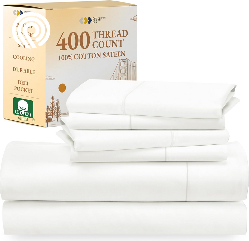 California Design Den Deep Pocket Twin Sheets Set - 400 Thread Count Sateen, Natural 100% Cotton Sheets, Cooling and Durable Bedding Set - Cape Stripe