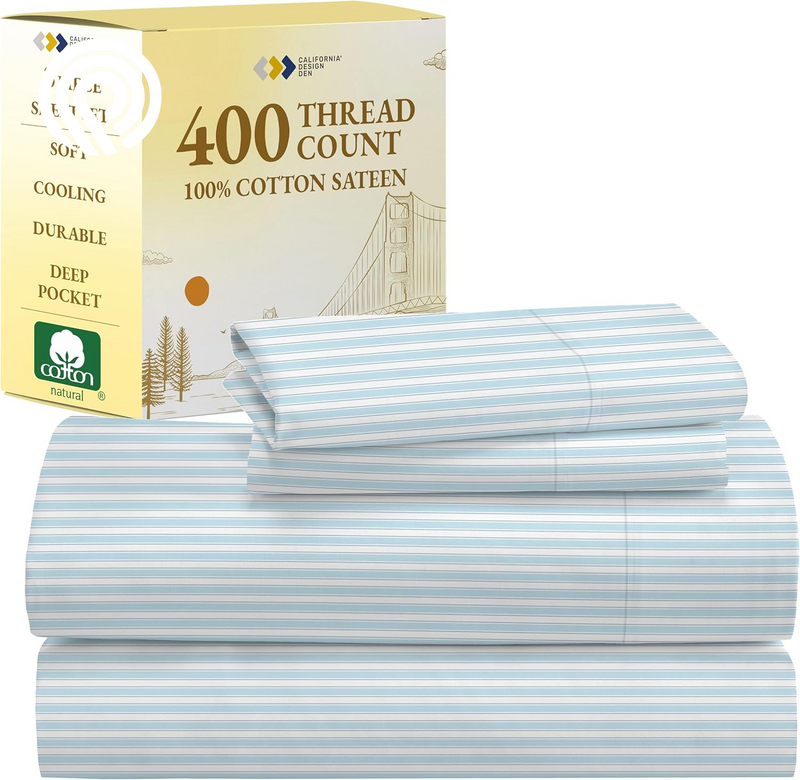 California Design Den Deep Pocket Twin Sheets Set - 400 Thread Count Sateen, Natural 100% Cotton Sheets, Cooling and Durable Bedding Set - Cape Stripe