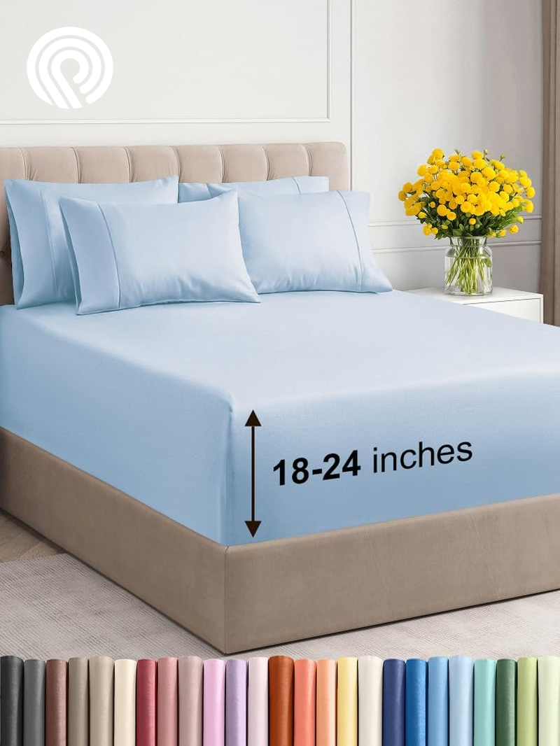 Extra Deep Twin Sheet Set - 4 Piece Breathable & Cooling Sheets - Hotel Luxury Bedding Set with 18-24 Inch Extra Deep Pockets - Easy Fit - Super Soft, Wrinkle Free and Comfy - Light Blue, Twin Size