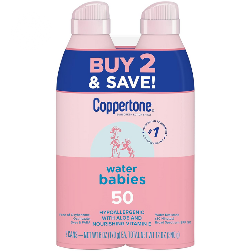Coppertone Waterbabies Sunscreen Spray SPF 50, Spray on Sunscreen for Babies, Water Resistant, Pediatrician Recommended, 6 Oz, Pack of 2