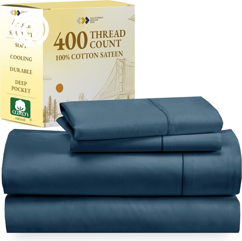 California Design Den Deep Pocket Twin Sheets Set - 400 Thread Count Sateen, Natural 100% Cotton Sheets, Cooling and Durable Bedding Set - Cape Stripe