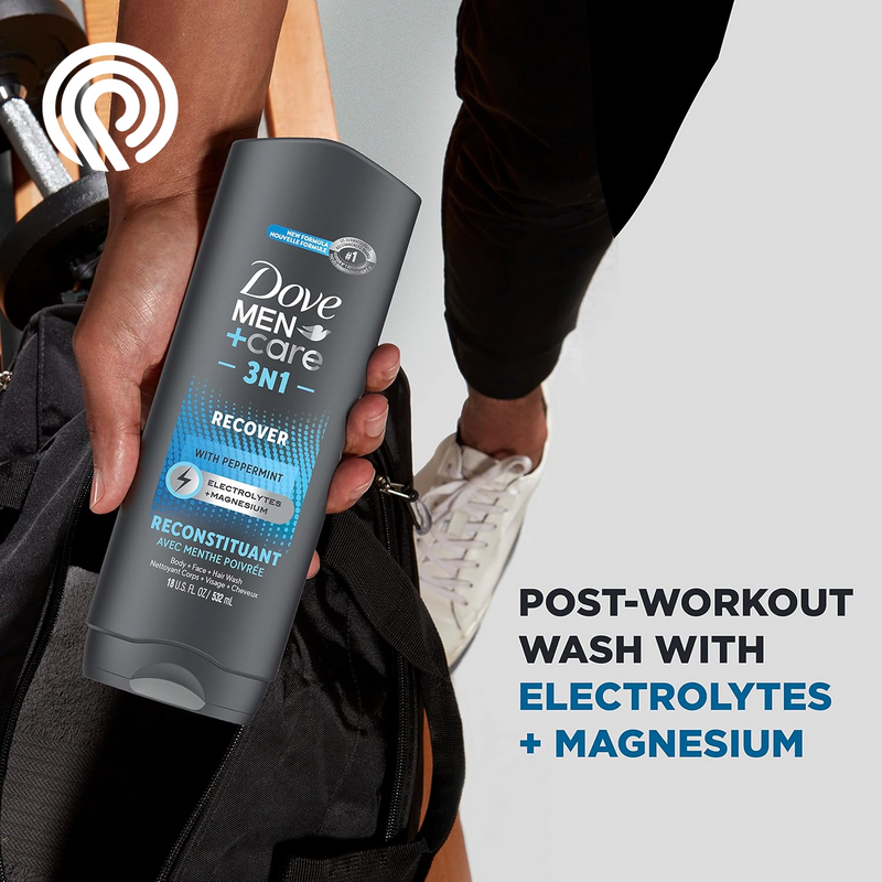 Dove Men+Care Post-Workout 3-IN-1 (Body + Face + Hair Wash) with Peppermint 4 Count Infused with Electrolytes + Magnesium 18 Oz