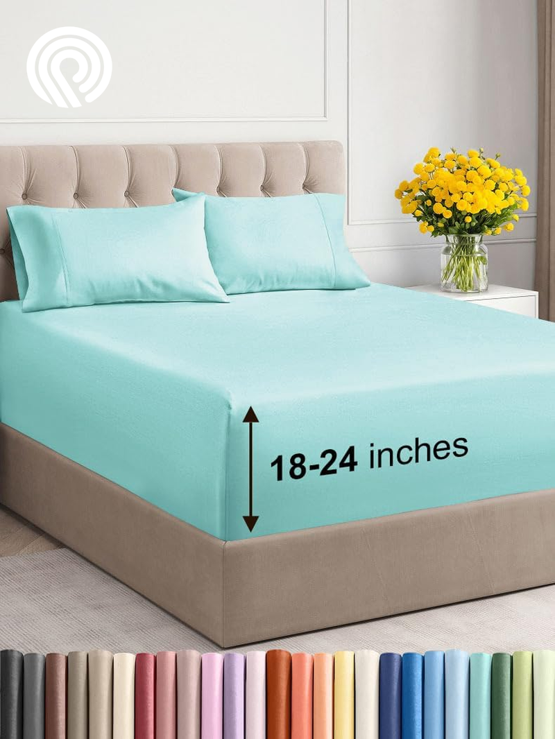 Extra Deep Twin Sheet Set - 4 Piece Breathable & Cooling Sheets - Hotel Luxury Bedding Set with 18-24 Inch Extra Deep Pockets - Easy Fit - Super Soft, Wrinkle Free and Comfy - Light Blue, Twin Size
