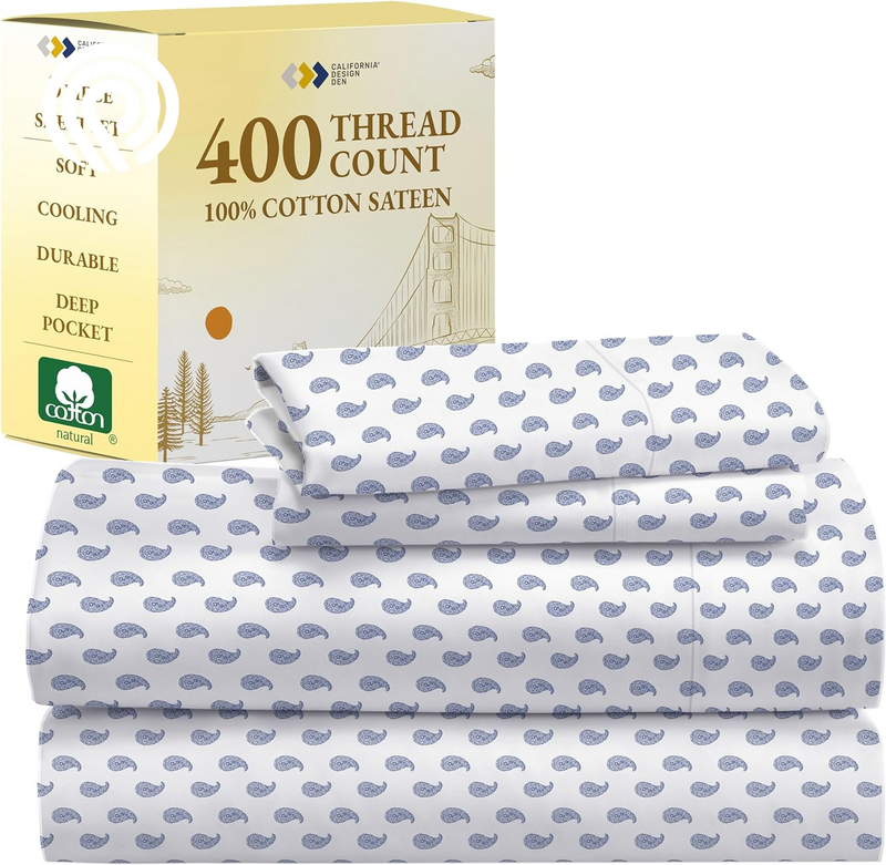California Design Den Deep Pocket Twin Sheets Set - 400 Thread Count Sateen, Natural 100% Cotton Sheets, Cooling and Durable Bedding Set - Cape Stripe