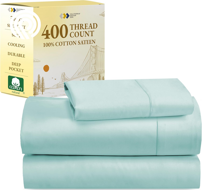California Design Den Deep Pocket Twin Sheets Set - 400 Thread Count Sateen, Natural 100% Cotton Sheets, Cooling and Durable Bedding Set - Cape Stripe