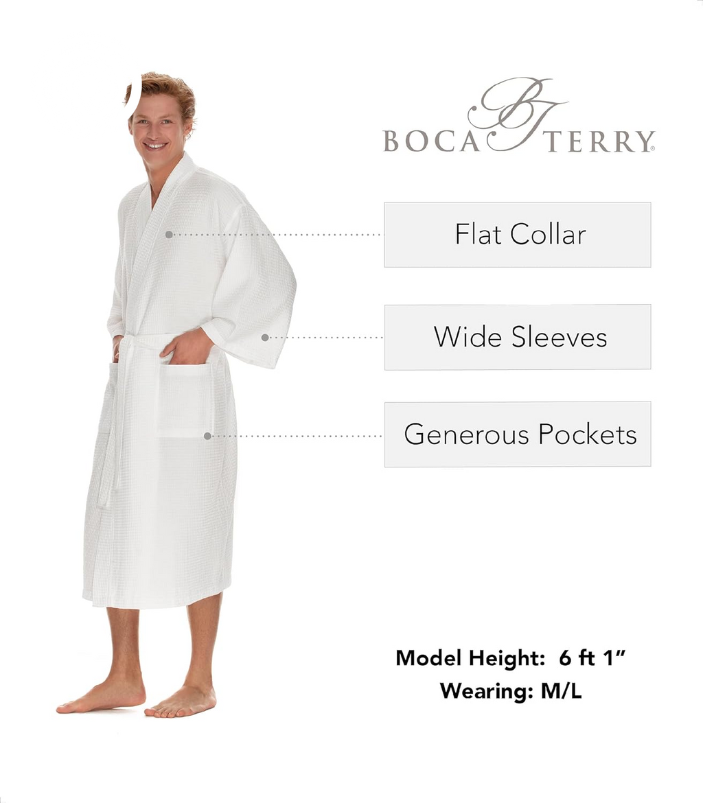 Men'S Waffle Robe by BOCA TERRY, Waffle Knit Spa Robe, Long Lightweight Cotton Kimono Hotel Bathrobe