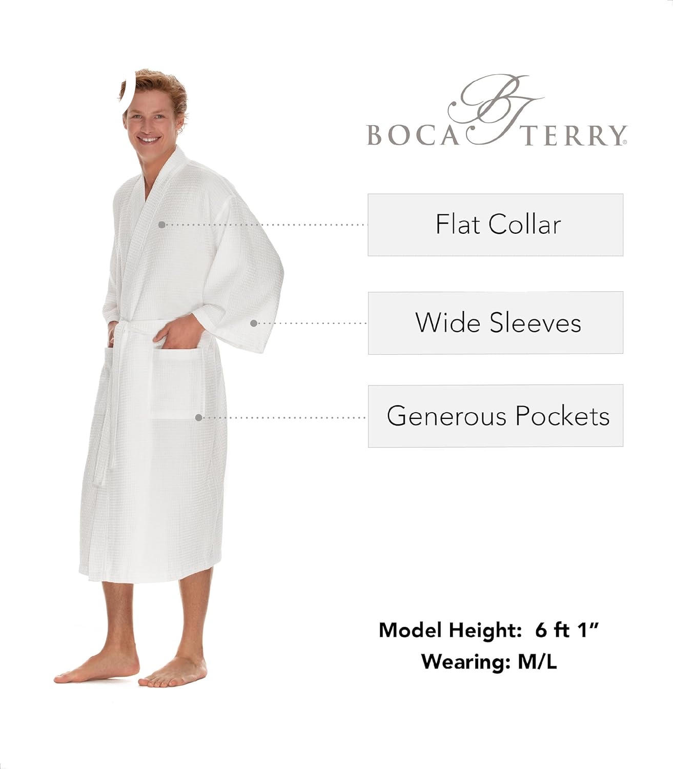 Men'S Waffle Robe by BOCA TERRY, Waffle Knit Spa Robe, Long Lightweight Cotton Kimono Hotel Bathrobe