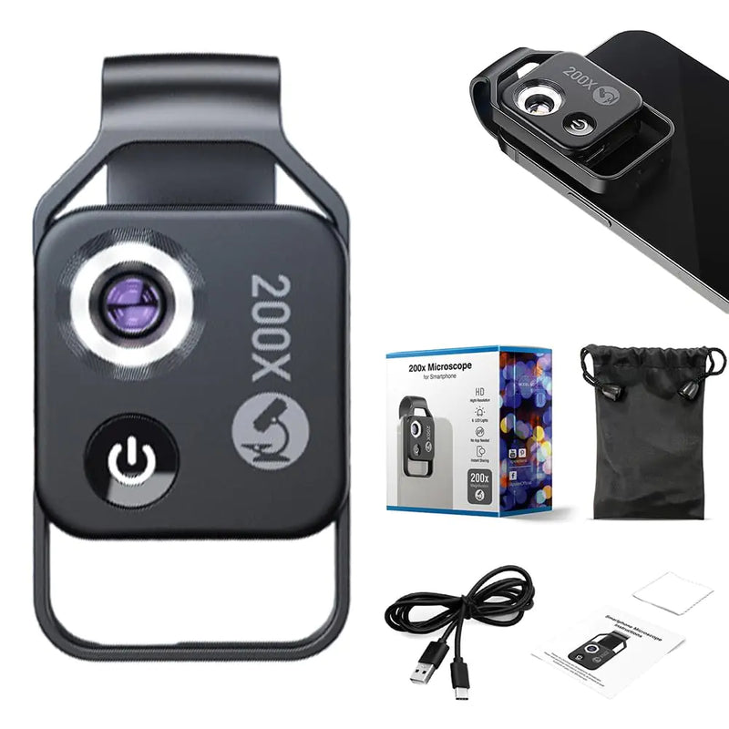200x Magnification Zoom, 2024 New Pocket HD Phone Microscopes with LED Light Cell Phone Lens Attachments, Portable Microscopic Lens for Cell Smartphone (White) - Puck's