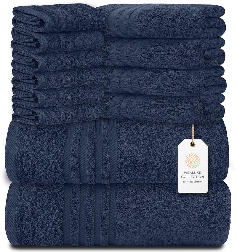 12 Pcs Bath Towel Set for Bathroom Wealuxe Collection 100% Cotton Soft Navy Blue - Puck's