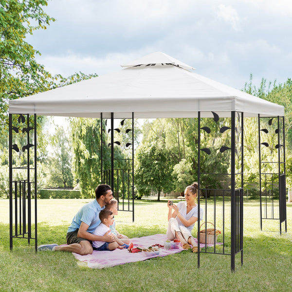 3 x 3m Outdoor Garden Steel Gazebo with 2 Tier Roof, Patio Canopy Marquee Patio Party Tent Canopy Shelter Vented Roof Decorative Frame Cream-1