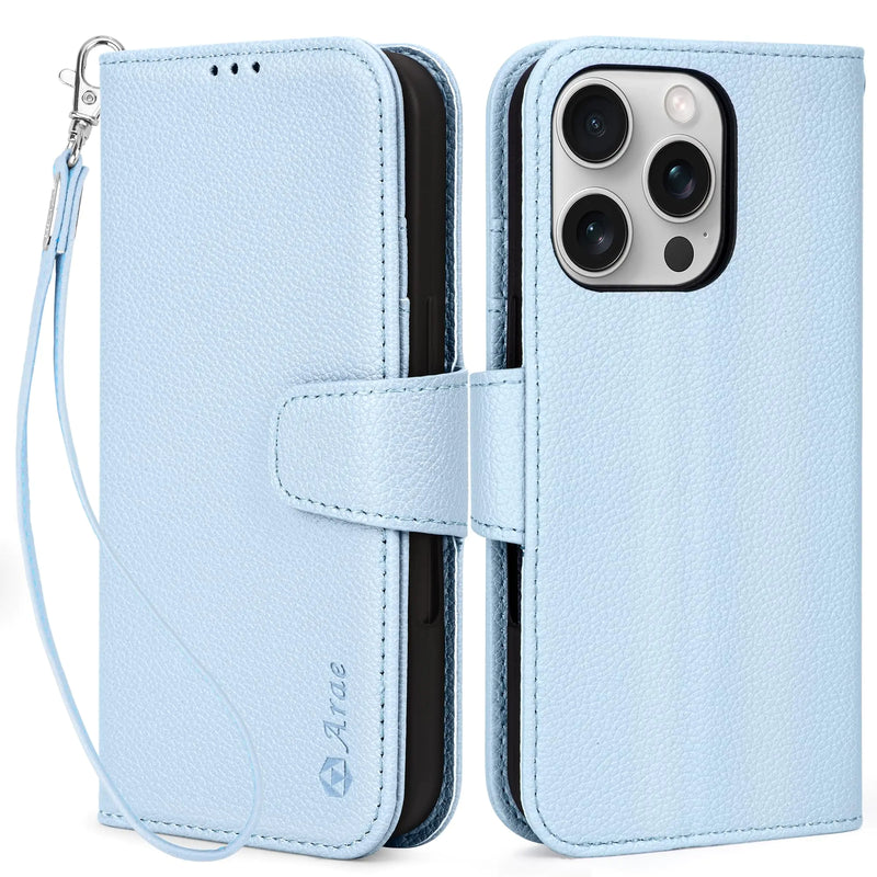 Arae Compatible with iPhone 16 Pro Case Wallet with Card Holder, Wristlet Strap Wallet Flip Cover for iPhone 16 Pro 6.3 inch Men/Women, RFID Blocking, Kickstand, Litchi Cyan - Puck's